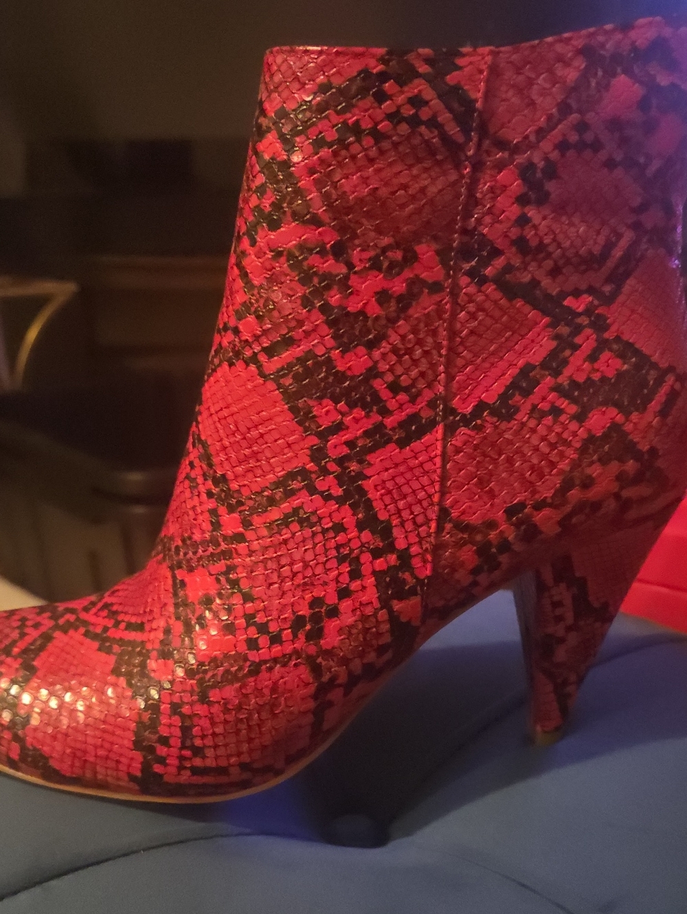 Red Snake-Print Ankle Booties with Tapered Heel